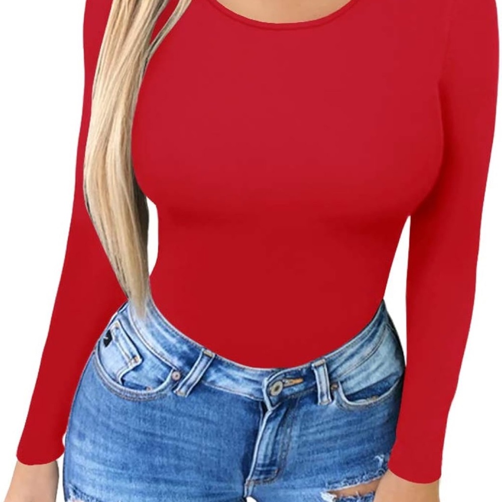 Red Fitted Bodysuit with Long Sleeves